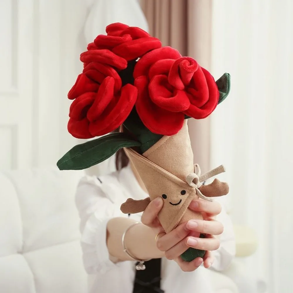 Cute Smiling Face Simulation Rose Bouquet Plush Toy Fabric Doll Doll Wedding Bouquet Valentine's Day Birthday Gift Decoration