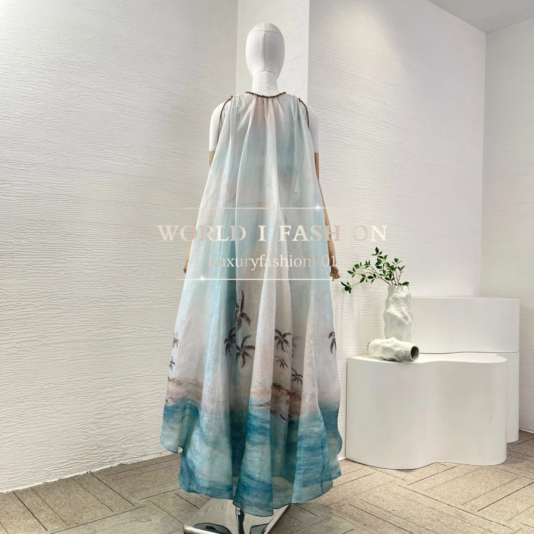 2025 New Fashion Blue Coconut Trees on The Beach Print Sleeveless Beading Deep V Neck Maxi Dress
