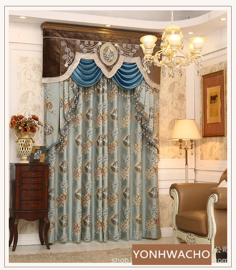 

Custom high-grade high precision jacquard European living room blue cloth blackout curtain tulle valance drape C1622