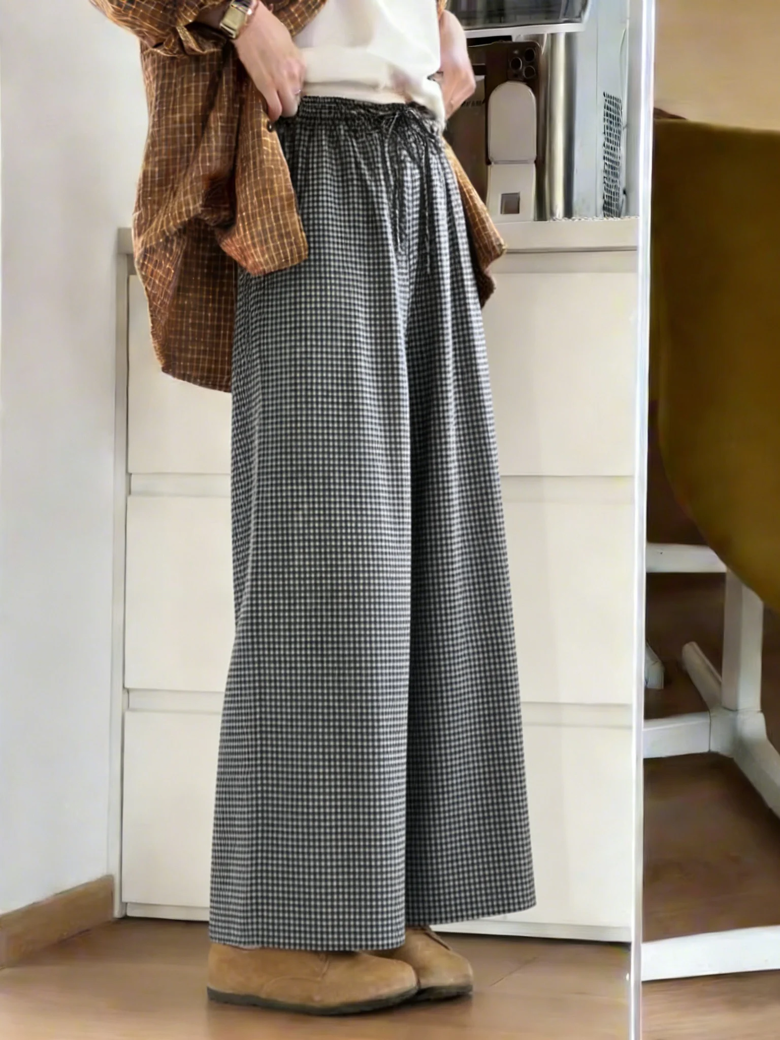 

Женские летние брюки с высокой талией, свободные, повседневные, черно-белые в клетку, модные, простые, широкие, дышащие, из полиэстера