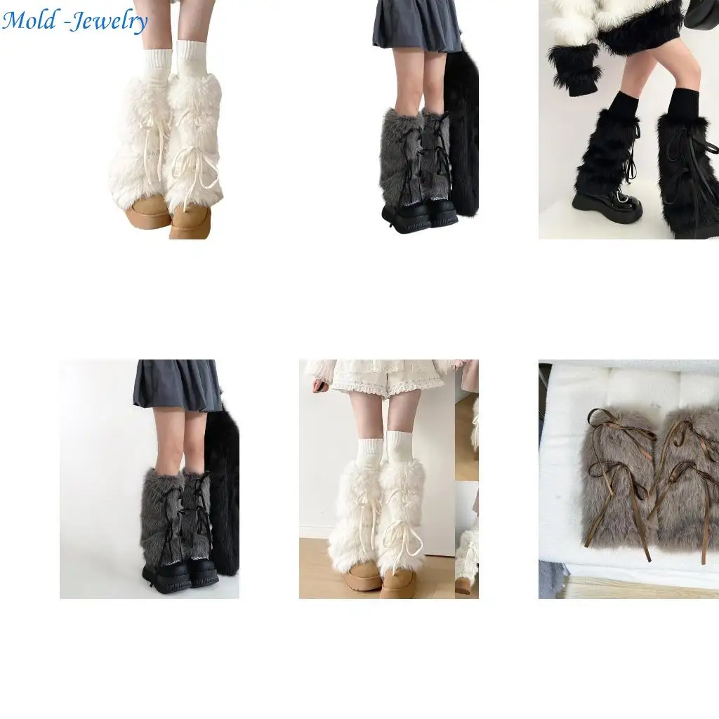 

69HB Women Harajuku Plush Leg Warmers JK Girls Ribbon Bowknot Furry Cover Socks