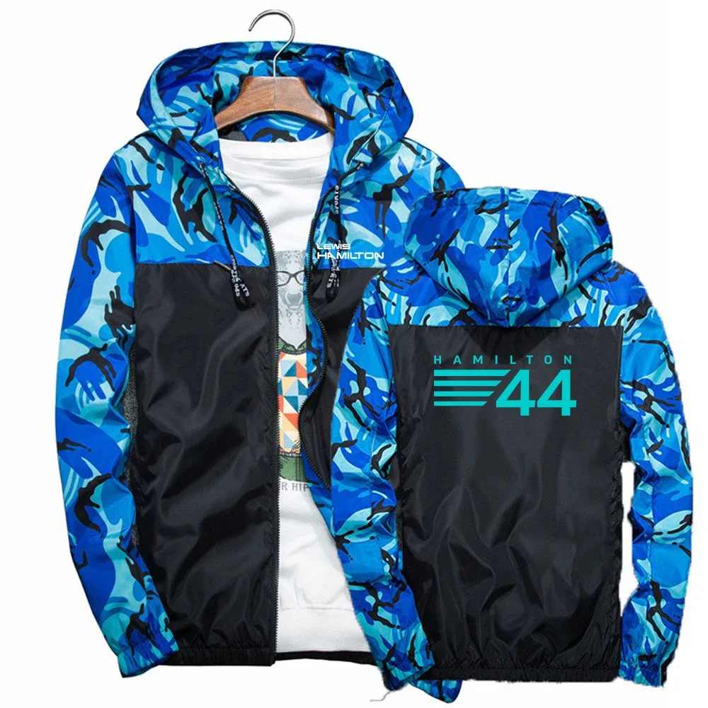 

F1 Driver Lewis Hamilton Digital 44 Men's Streetwear Camouflage Stitching Windbreaker Thin Jacket Casual Sport Zipper Hoodies