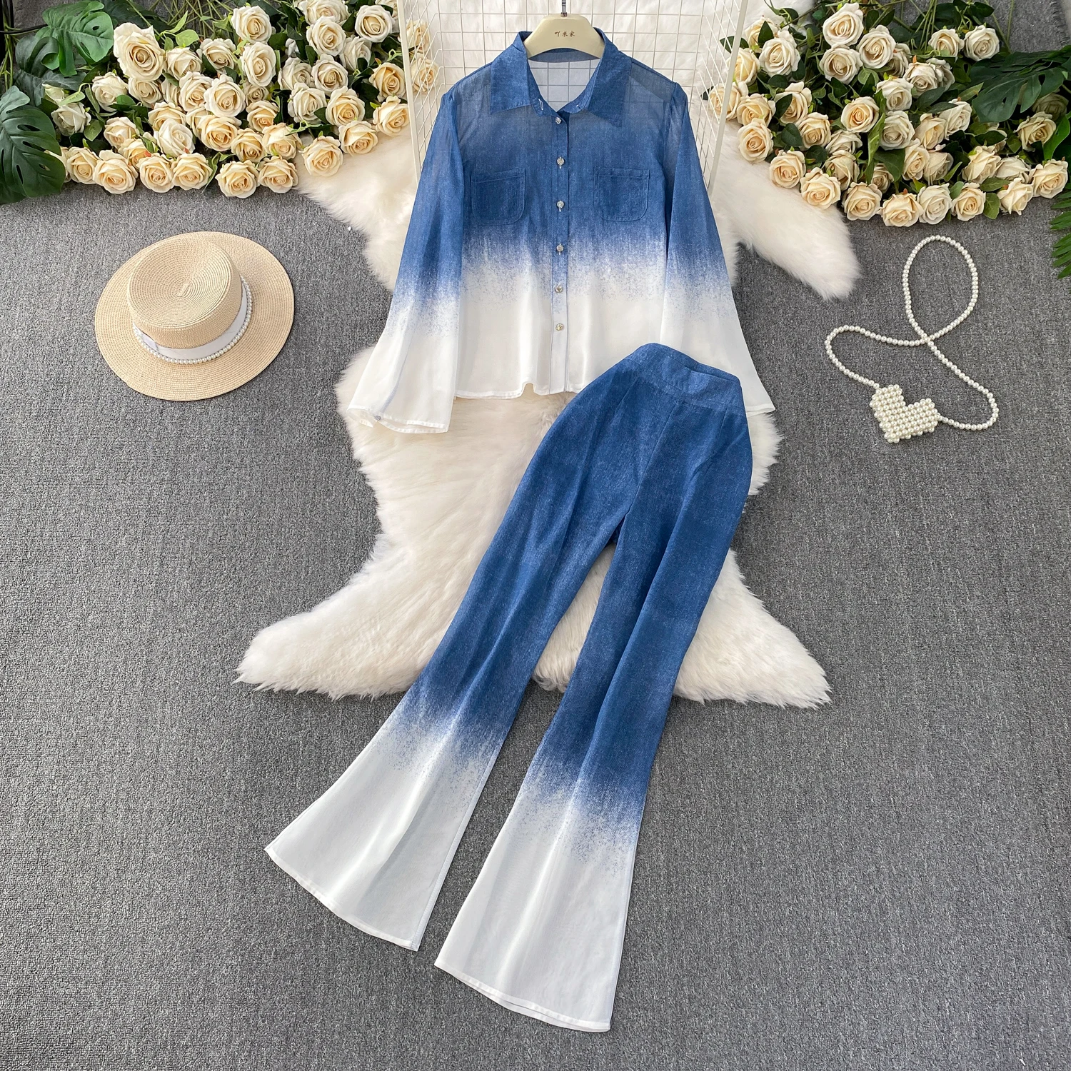 

SuperAen Gradient Color Lapel Neck Long-sleeved Sun-protective Shirts Fashion High-waisted Wide-leg Flared Pants Sets