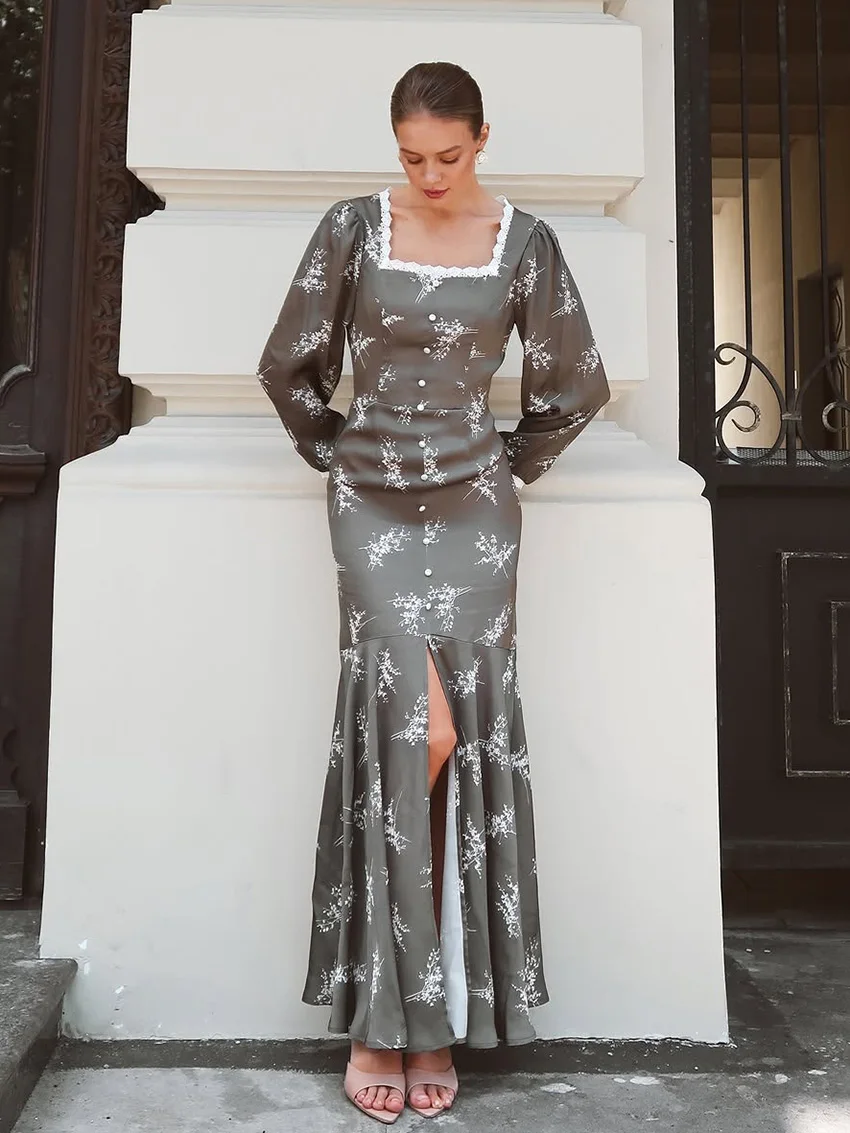 

Marthaqiqi Printing Ladies Nightwear Long Sleeve Nightgown Sexy Square Collar Pajama Ankle-Length Dress Fashion Female Sleepwear