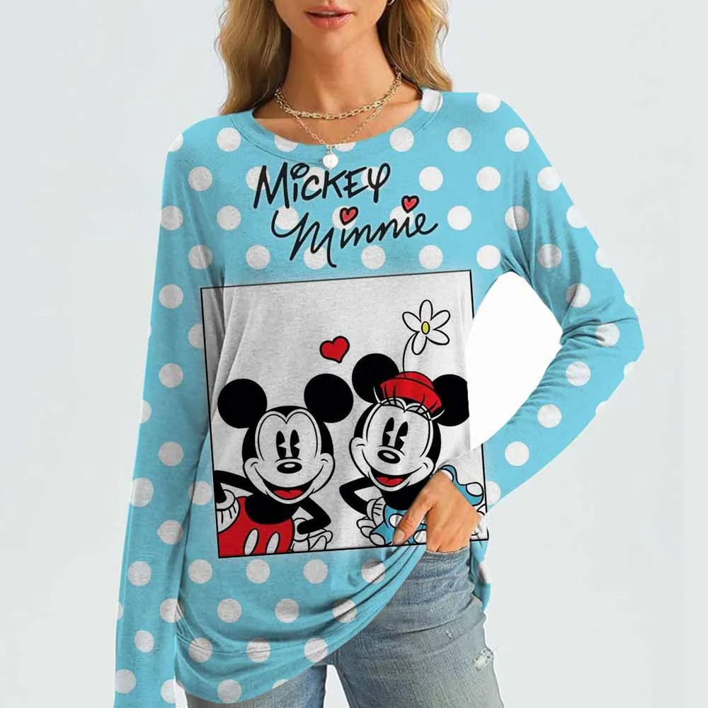 

Футболка с круглым вырезом и принтом Микки Мауса Диснея, повседневный осенне-зимний топ с длинными рукавами, женская футболка, свободная и удобная черная