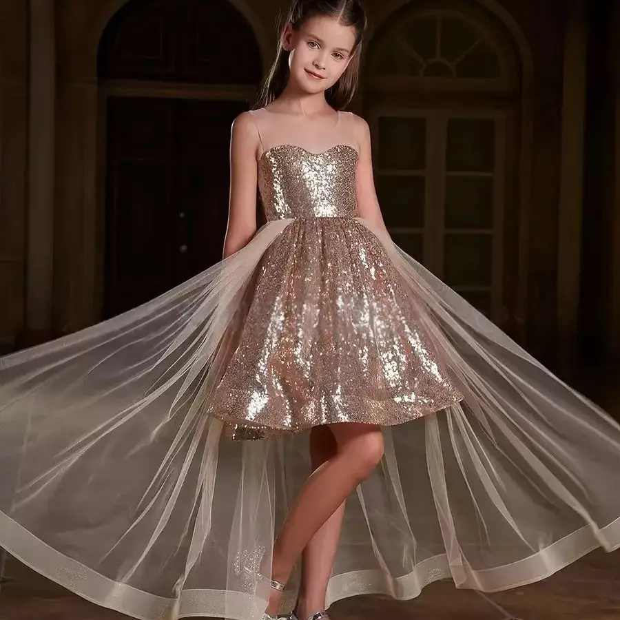 

Luxury Party Dress For Girl Sequins Trailing Princess Dress For Kids Wedding Birthday Party Formal Evening Performance Ball Gown