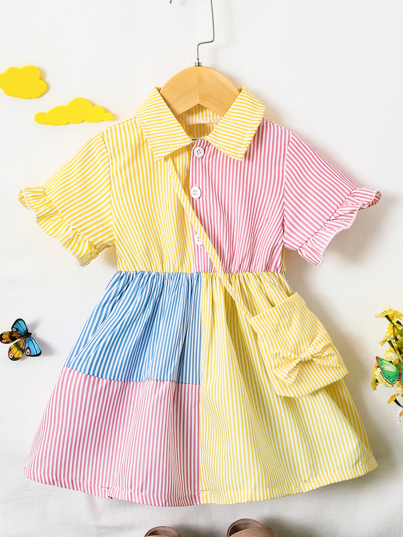 Girls Dress With Lapel Flared Sleeves Button Closure Waist Puffy Skirt Butterfly Bag Loose Travel New Style