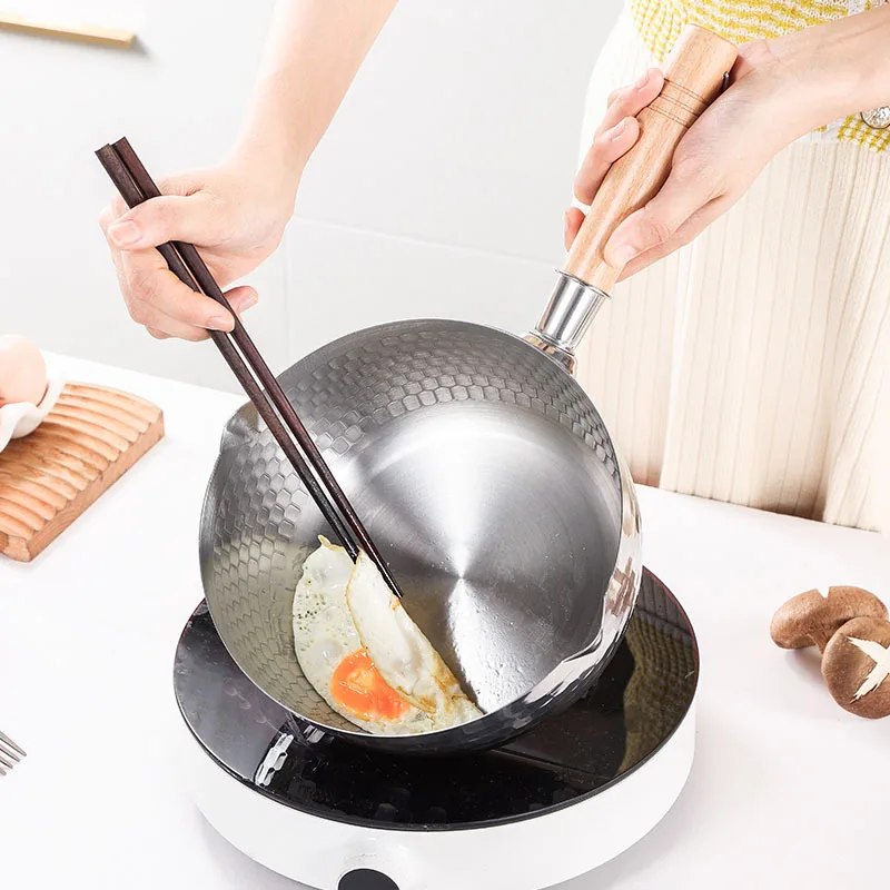 Stainless steel  pan Japanese Snow Pan Wooden Handle Lid Stew Pots Fry Wok Saucepan Milk Pot Kitchen Utensils Practical Cookware