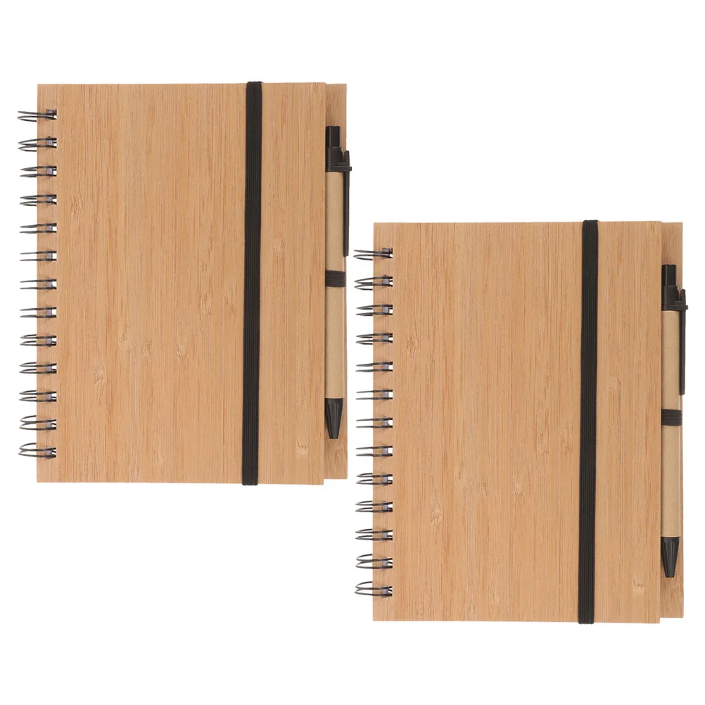 2 Sets Bamboo Notebook Spiral Office Notepad Multi-function Journal Daily Use Pads Work Notebooks