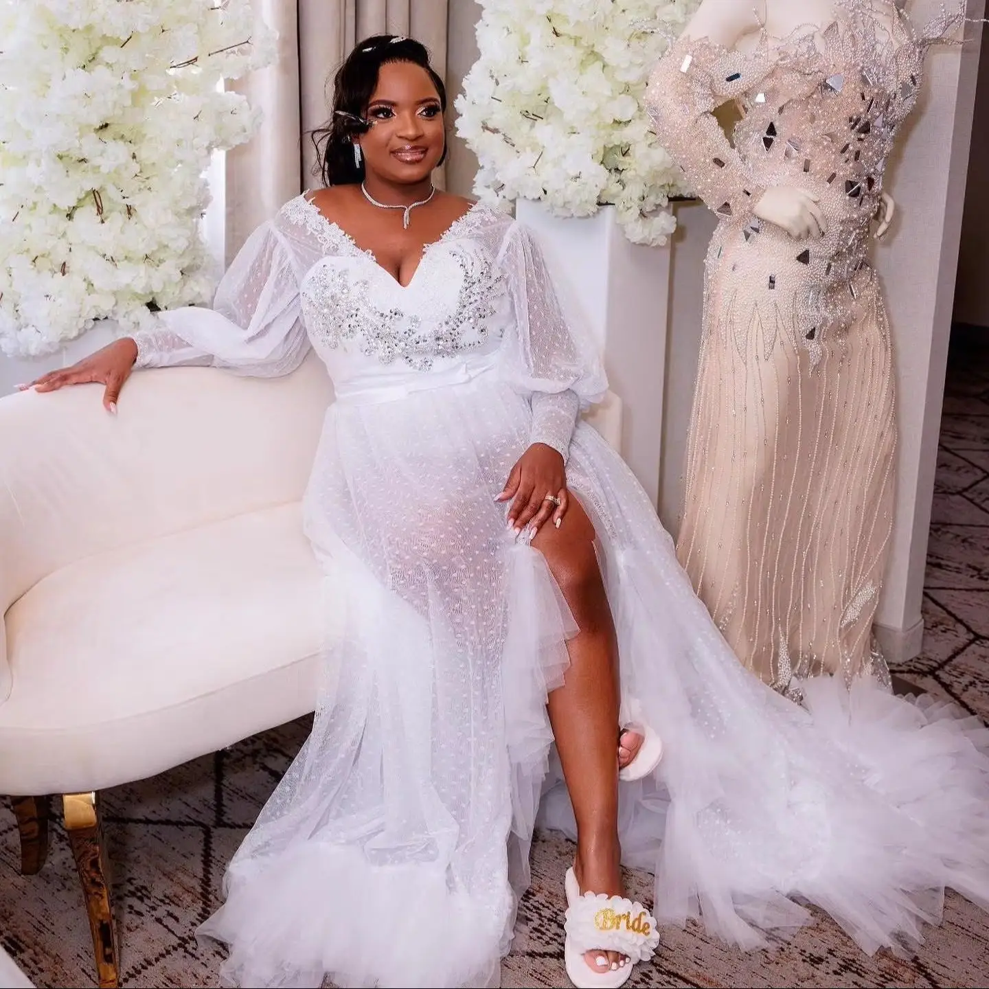 Lace Beading Bridal Robes Customized Wedding Wrap Long Women Dresses Photo shoot Maternity Dressing Gowns for Photography