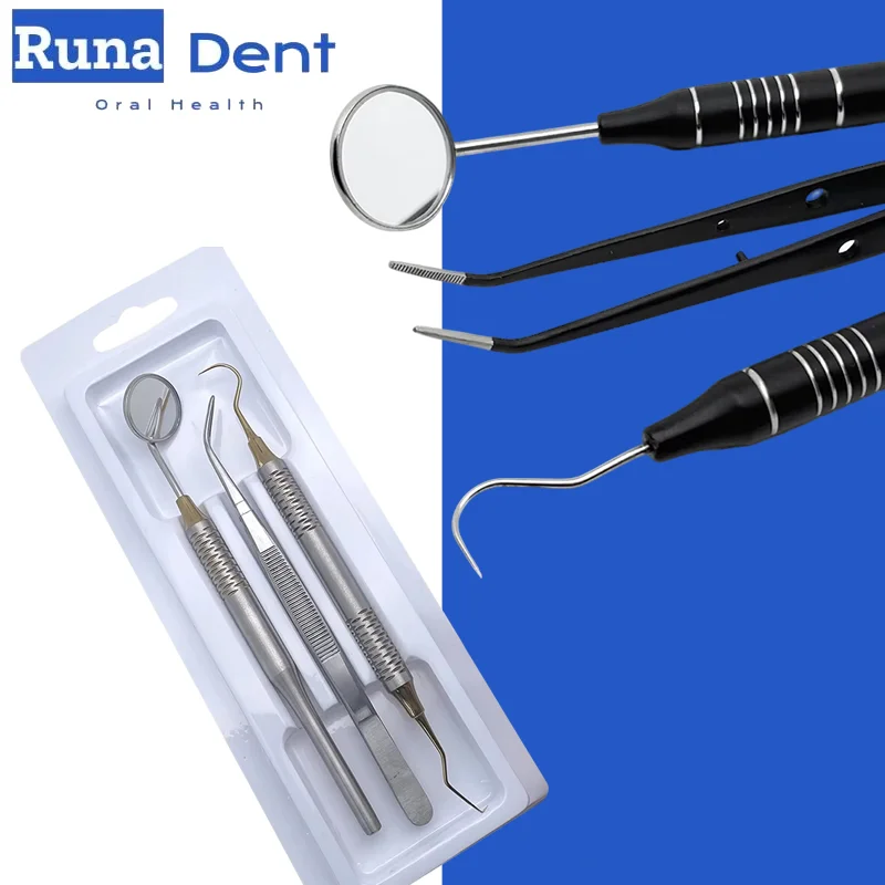 3pcs/Kit Dental Mouth Mirror Tweezers Curve Probe Dentist Instrument Teeth Cleaning Reusable Steel