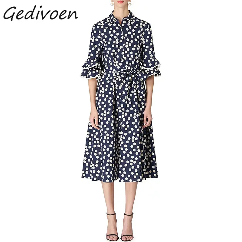 

Gedivoen Summer Fashion Designer Vintage Dress Women's Butterfly Sleeve Button Bow-Frenulum Gathered Waist White Dots Midi Dress