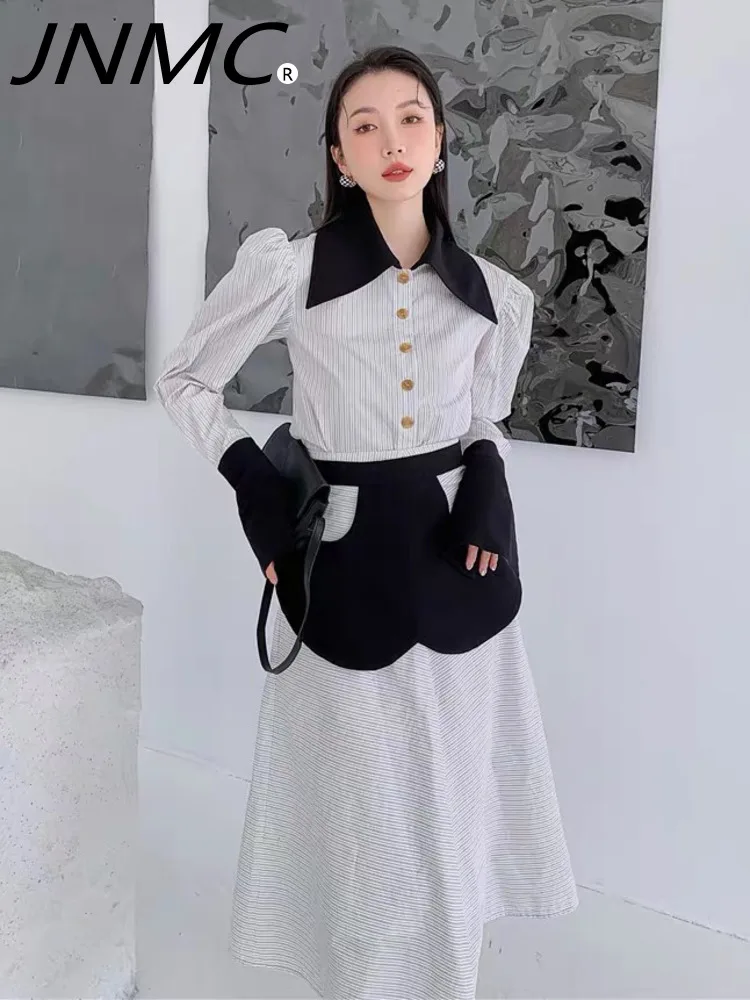 

JNMC 2024 Women's Spring And Summer Advanced Design Minimalist Black And White Patchwork Color Striped Shirt Skirt Two-piece Set