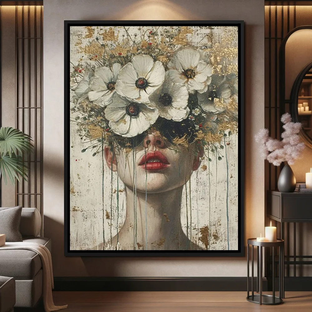 Colorful Gold Foil Fashion Mystical Floral Woman Canvas Painting Modern Wall Art Character Posters Prints Living Room Home Decor