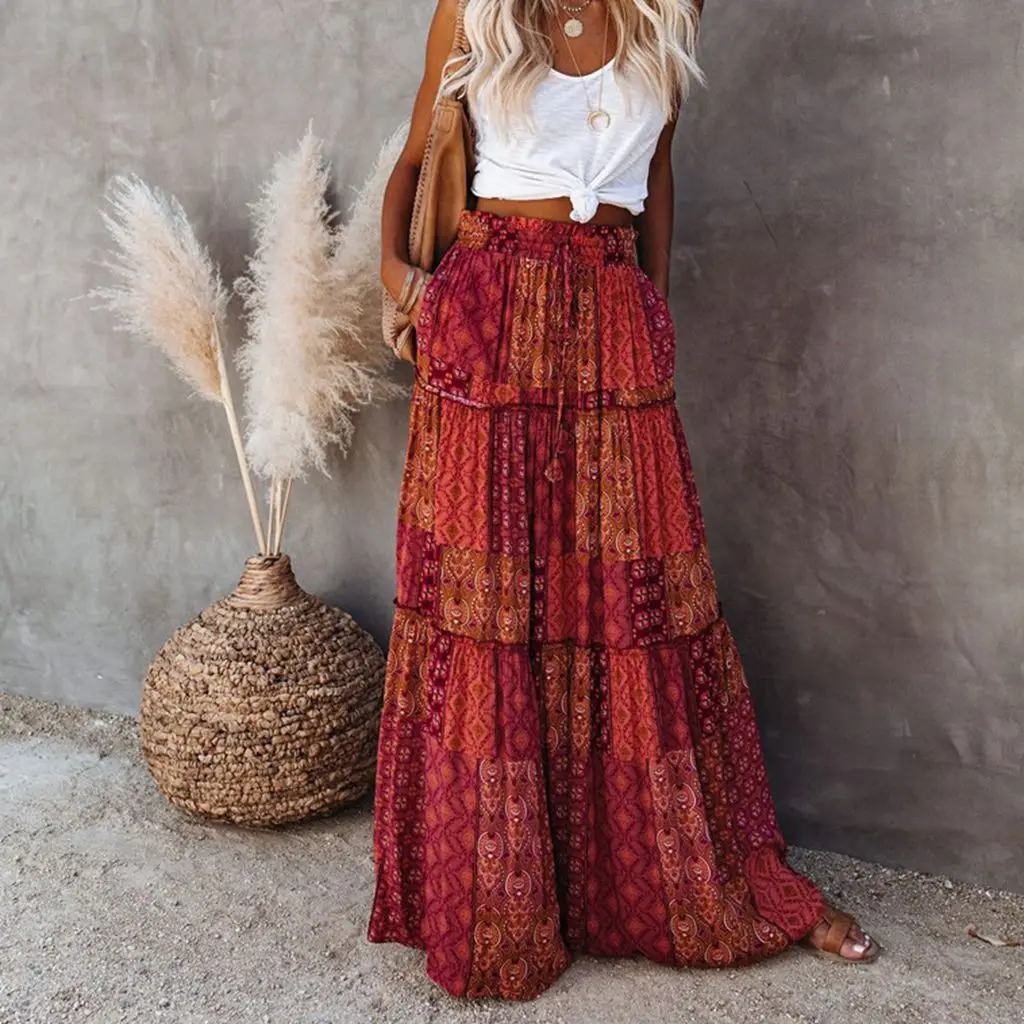 

Women's Summer Bohemian Y2K Retro Drawstring Elastic High Waist Casual Loose A-Line Swing Long Skirt with Pockets