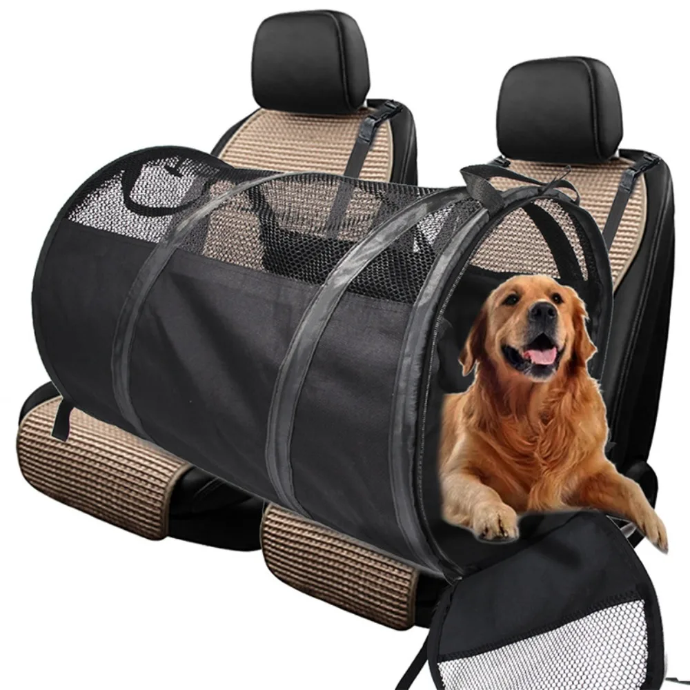 Foldable Pet Car Bag Breathable Cylindrical Dog Car Seat Carrier Wear-resistant with Safety Belt Car Rear Dog Seat Tent Outdoor