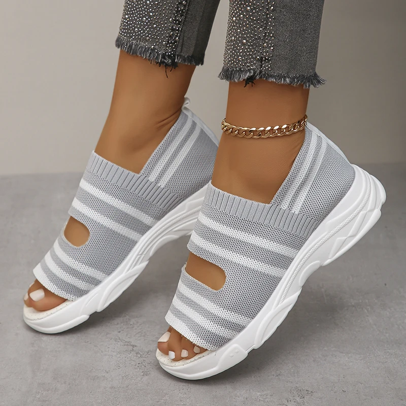 Sandalias planas de punto para mujer, zapatos informales de suela gruesa, transpirables, con plataforma a rayas, talla grande 43, 2024