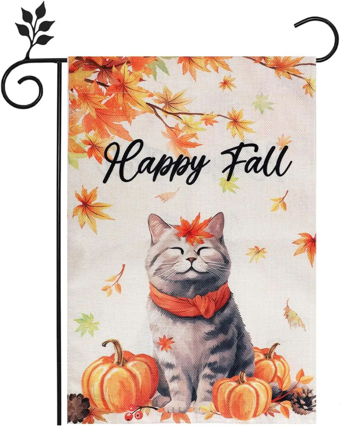 Happy Fall Garden Flag, 12 x 18 Inches Fall Garden Flag Cute Cat Pumpkin Thanksgiving Yard Flag Burlap Double Sided Fall Garden