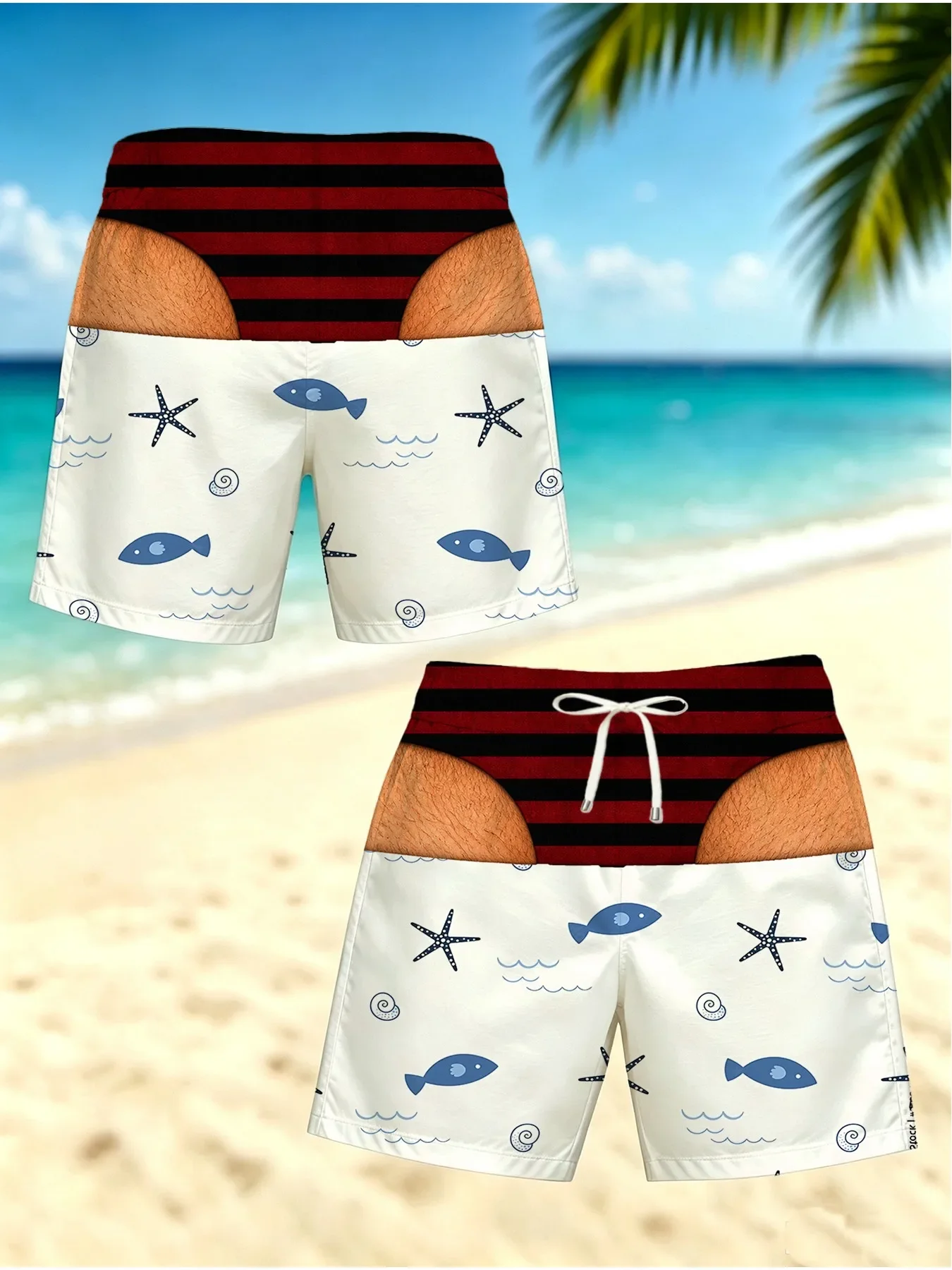 Novelty Prank Men's Board Shorts Red Black Stripe Fake Underwear Design Lace Pattern Print Summer Beach Party Swimwear