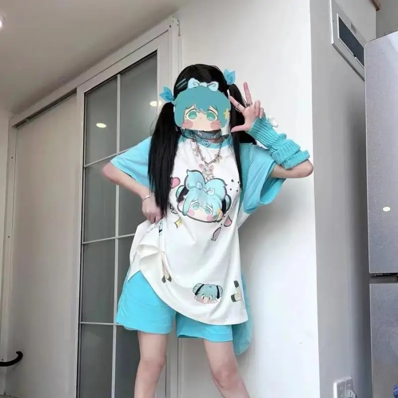 Hatsune Miku Two-Way Cosplay Cotton Short-Sleeved T-Shirt Kawaii Cartoon Anime Figure Model Toys for Girls Birthday Toys Hobbies