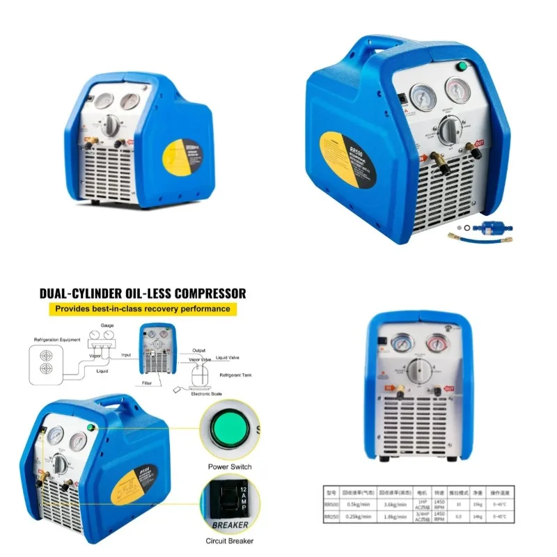 1HP Portable Refrigerant Recovery Machine, R32 R410A R22 R134A with Oil Separator, HVAC AC Freon Recycler