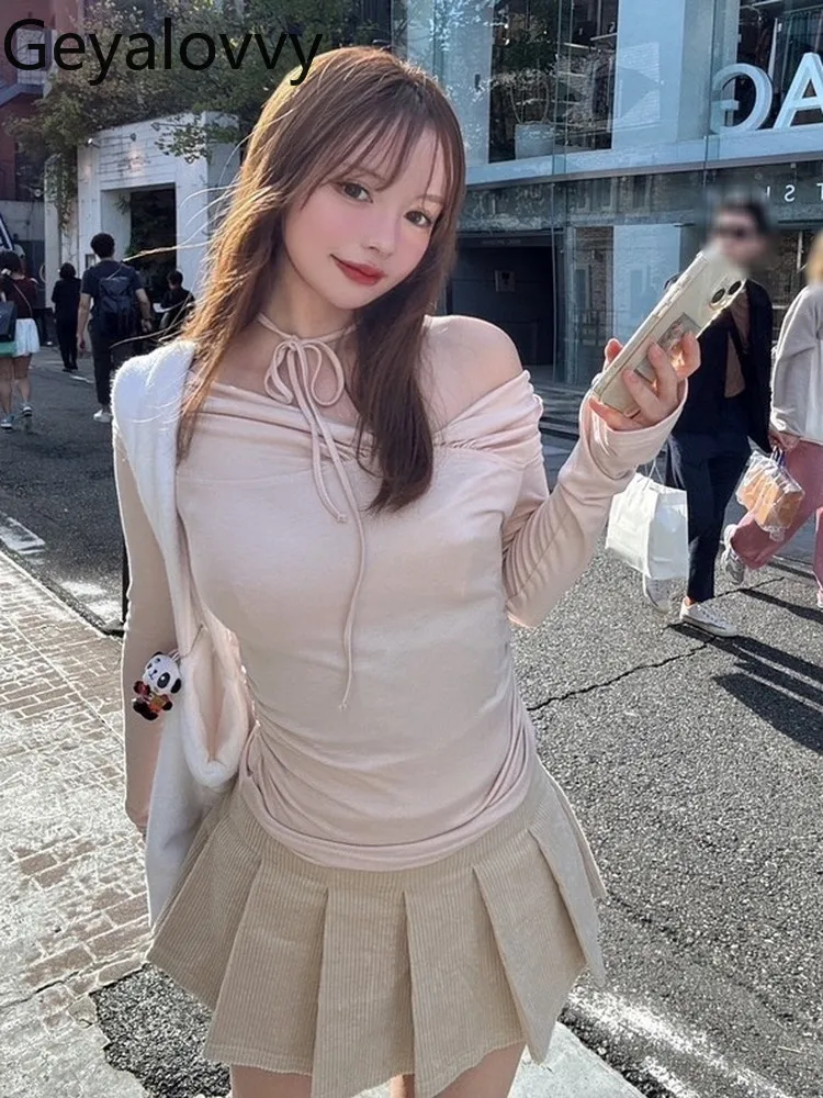 

Casual Tees Japanese Style High Elastic Irregular Slanted Neck Pleated Tie Long Sleeve Top Spring Autumn Women's T-shirts