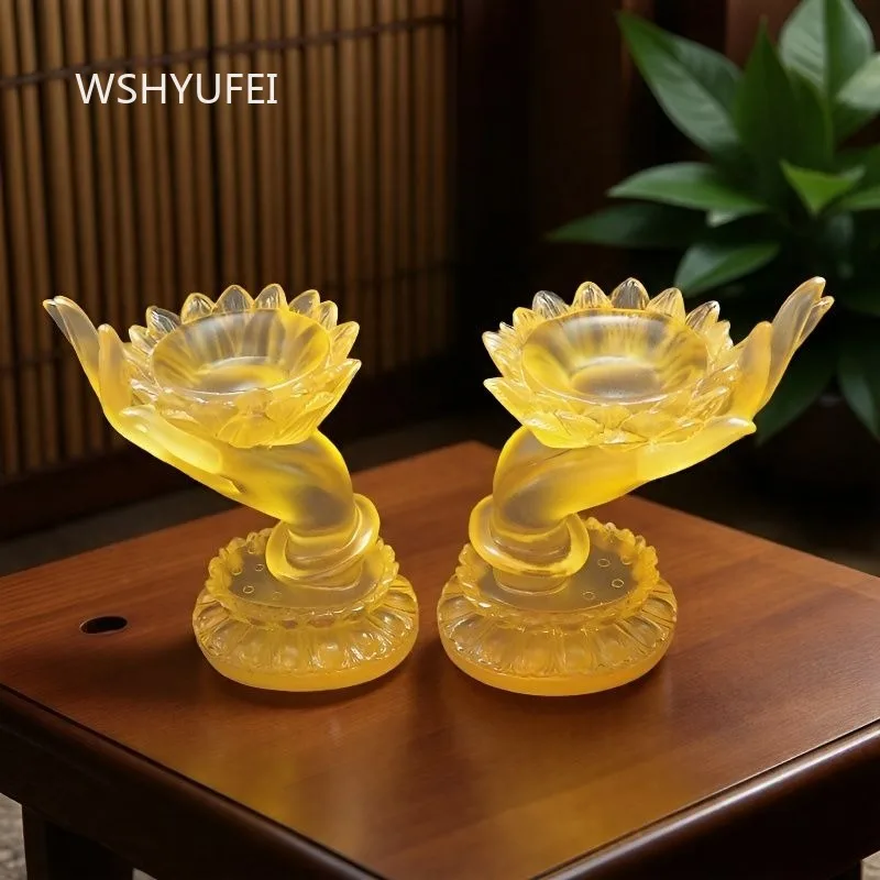 2pcs Buddha Hand Lotus Candlestick Resin Buddhist Candlestick Enshrine Buddha Hall Decoration Household Altar Table Ornament