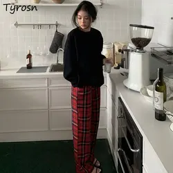 Pajama Sets Women Plaid Minimalist Loose Fashion Autumn Retro Basic Ladies New Lounge Wear Design Casual Home Korean Style Soft