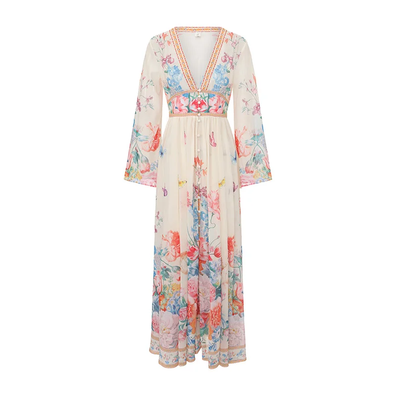 

Elegant Floral Long Maxi Dress Women Spring Summer 2026 Holiday Flare Full Sleeve Print Lace Deep V Neck Evening Party Vestido