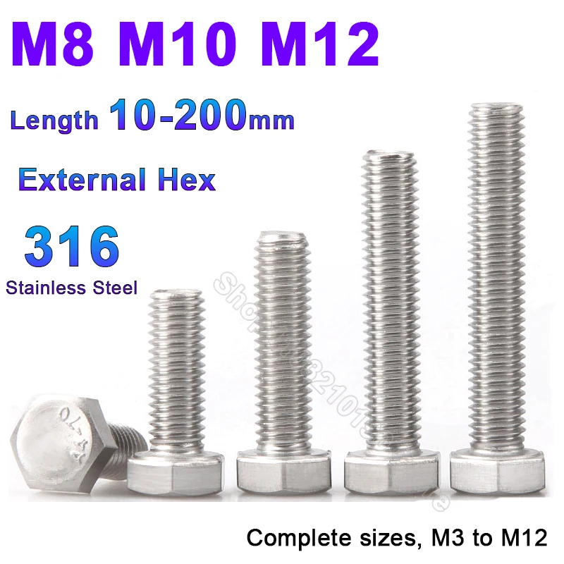 

316 Stainless Steel Lengthen External Hex Head Screws with Full Thread M8 M10 M12 Long Hexagon Head Bolt DIN933 Length 10-200mm