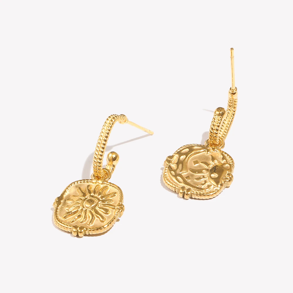 E.B.belle Waterproof Embossment Square Fire Sun Charm Pendant Drop Hoop Earrings Vintage Small Golden Hook Earrings For Women
