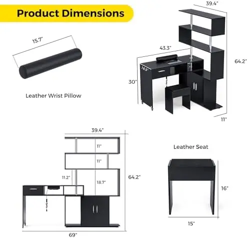 Manicure Table Nail Desk with Stool, Rotating L-Shaped Nail Tech Desk with Dust Collector, Two-Way Drawer, Cabinet &