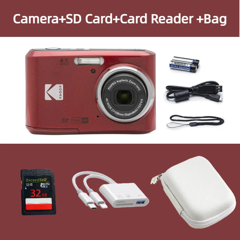 Портативная камера Kodak Pixpro FZ45, видео Full HD 16 МП, 4-кратный оптический зум и интеллектуальный зум, с SD-картой на 32 ГБ + сумка для камеры, готова к использованию.