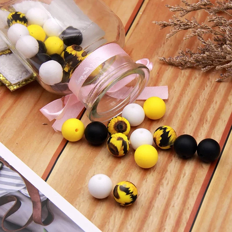 Silicone Beads For Keychain Making, 15Mm Silicone Beads Bulk Sunflower Silicone Beads With Tassel For Keychain Making