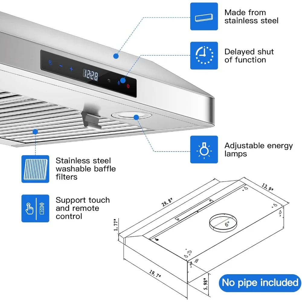 Aço inoxidável Cozinha Fogão Vent Hood, Sob Armário Gama Hood, 3 Velocidade Fan Exaustor, Toque, remoto, 700CFM, 30 Polegada