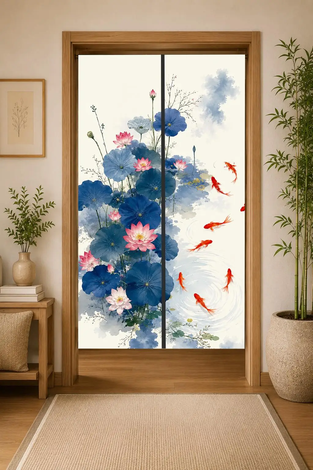Elegant Blue and Pink Lotus Flower Watercolor Print Decorative Room Curtain for Home Interior Design