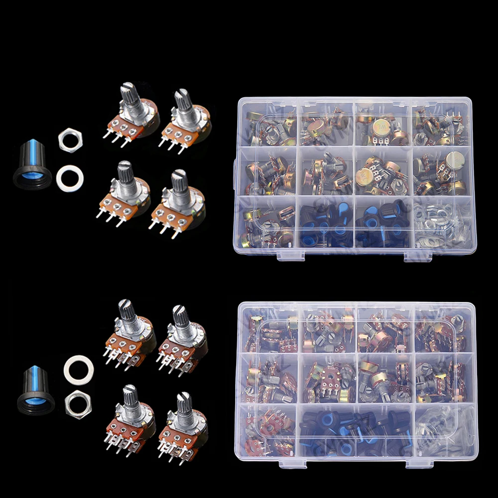 45PCS/Box 1K-1M 1k 5k 10k WH148 Potentiometer 3PIN/6PIN kit 1k 5k 10k 20k 50k 100k 500k 1M ohm with Blue knob