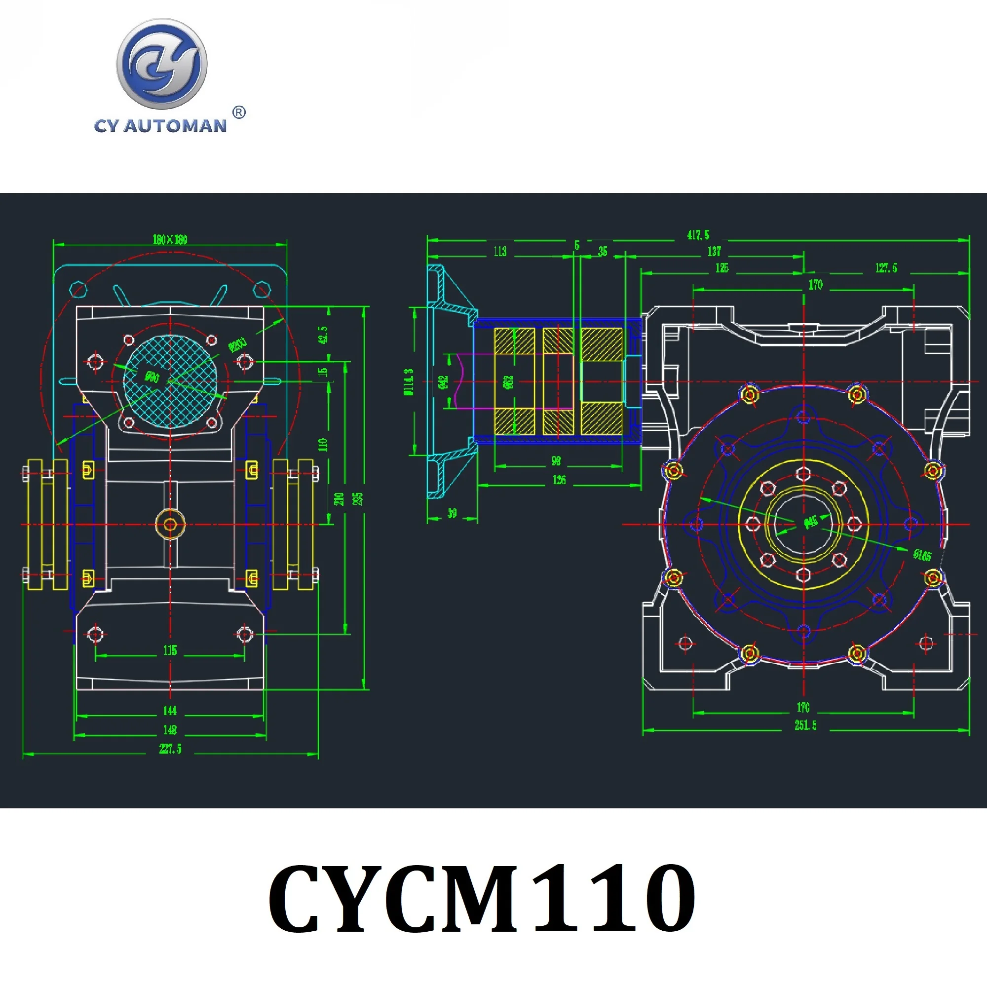 CYAutoman High Precision 0.5-2 Arc minute  Worm Gearbox CYCM110-VS Servo Input shaft 22/24/28/32/35mm Output 45mm Ratio 5:1/80:1