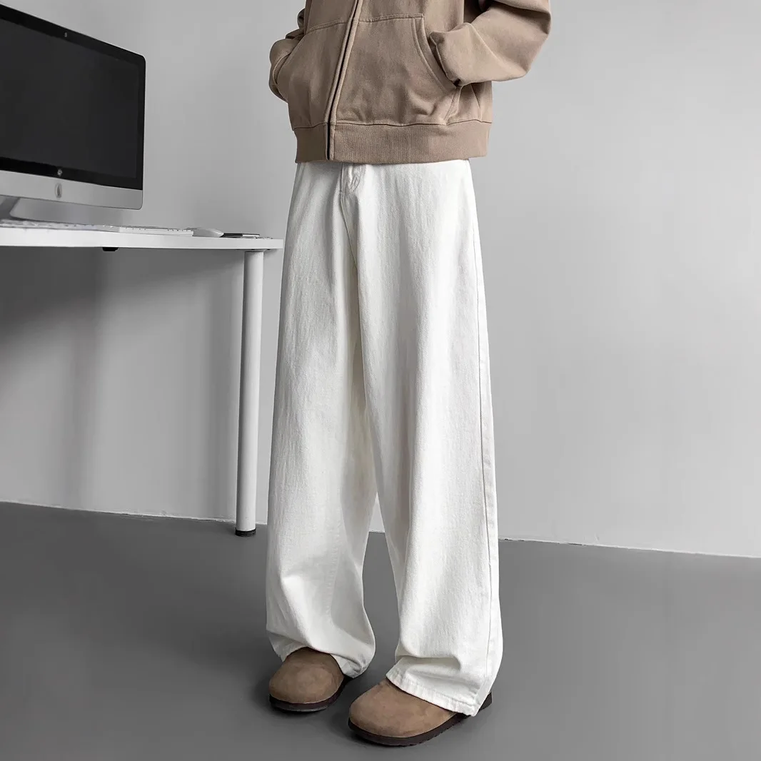 Jeans Lurus Putih Trendi Gaya Amerika Pria Celana Panjang Lantai Kaki Lebar Remaja Kasual Pakaian Jalanan