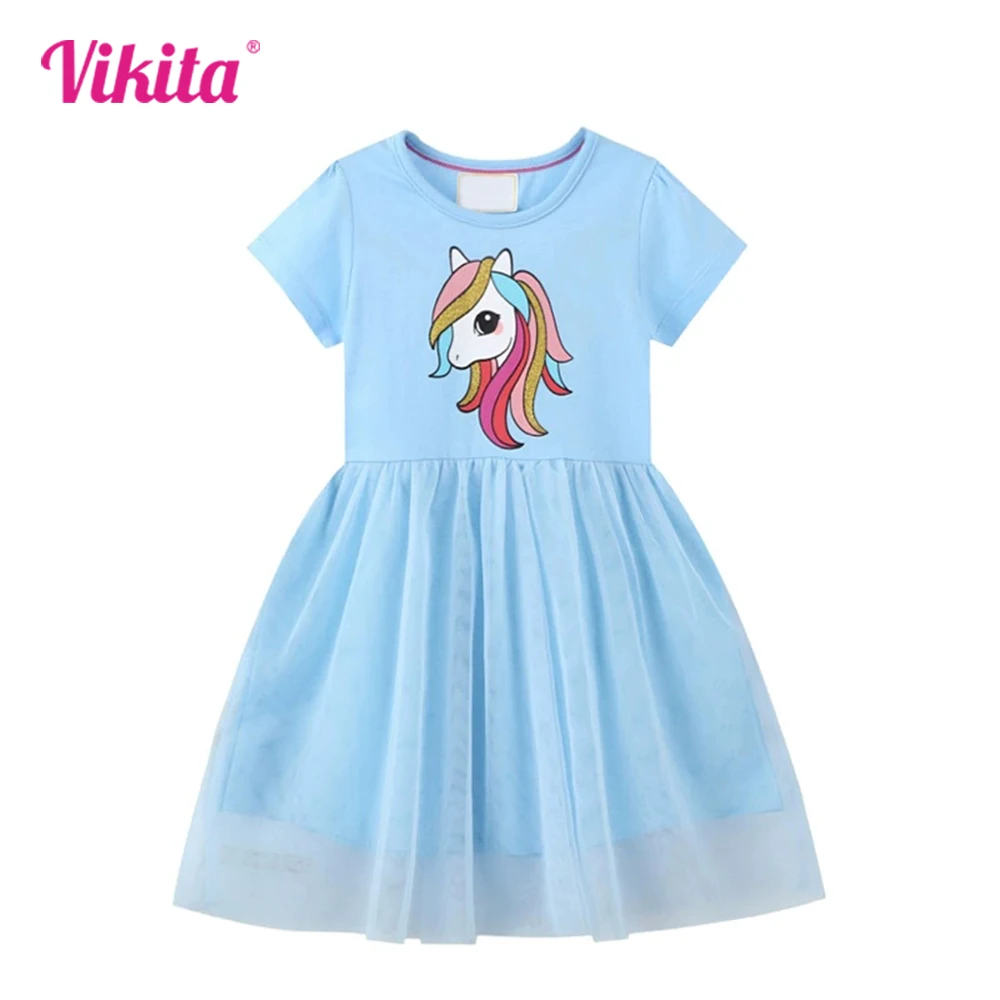 

VIKITA Kids Licorne Print Cartoon Dress Girls Short Sleeve Summer Vestidos Kids Blue Mesh Tulle Party Casual Fashion Clothes