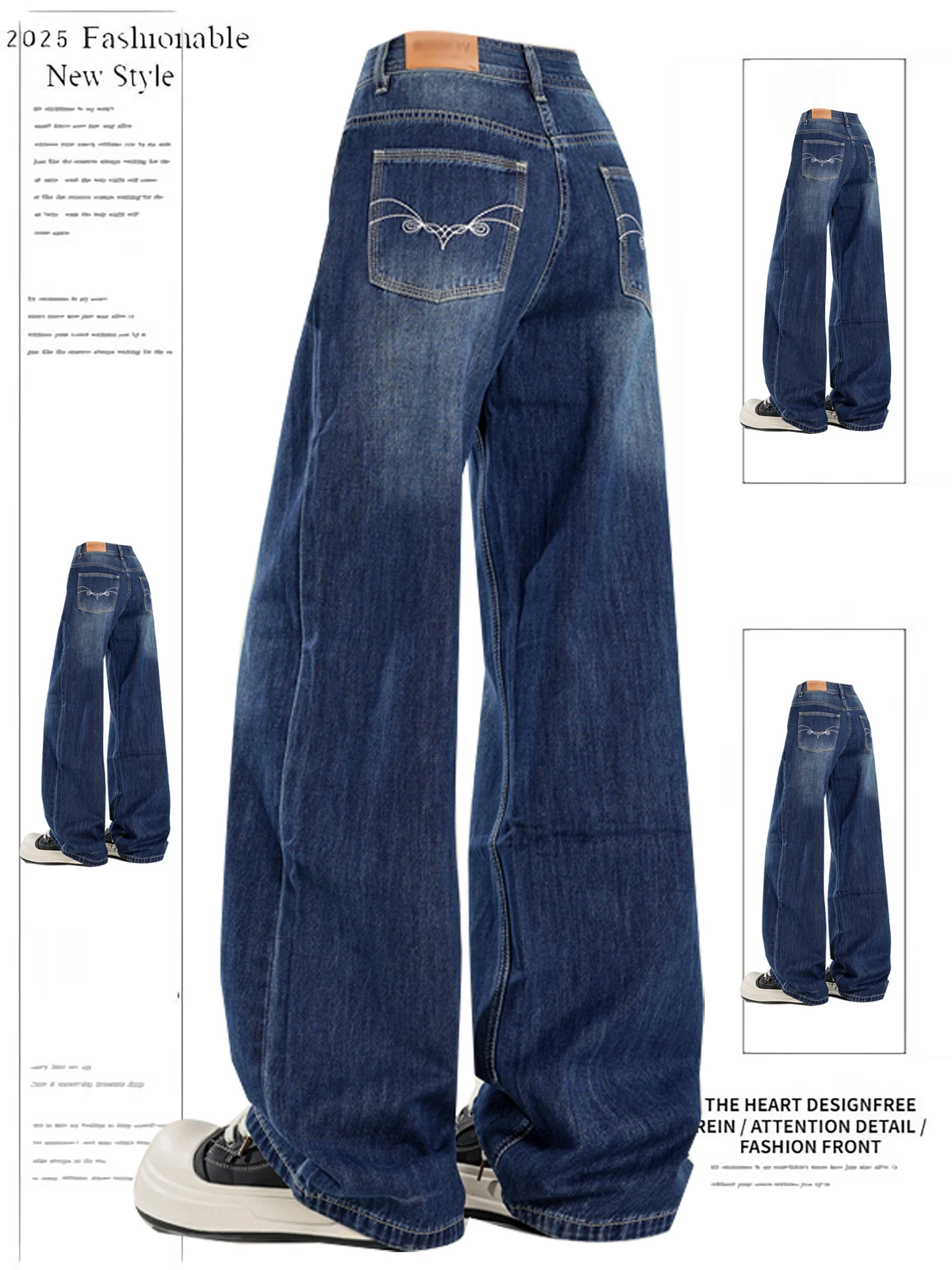 

Широкие джинсы с вышивкой в стиле ретро, темно-синие, женские свободные тонкие брюки с высокой талией, прямой крой, драпировка длиной до пола