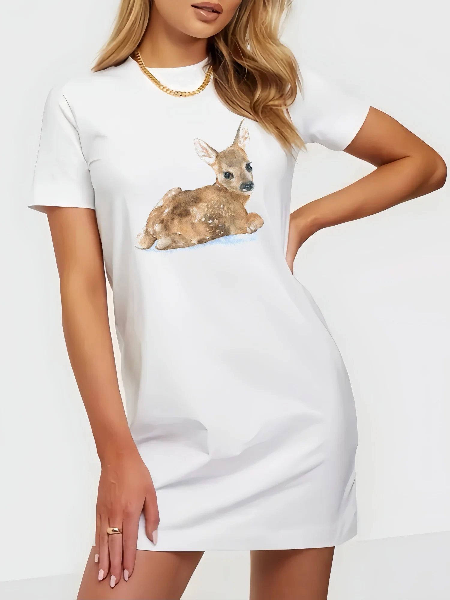 

Cute Rabbit Print T-shirt Mini Dress Sporty Cozy Casual Slim Fit Short Dresses for Women