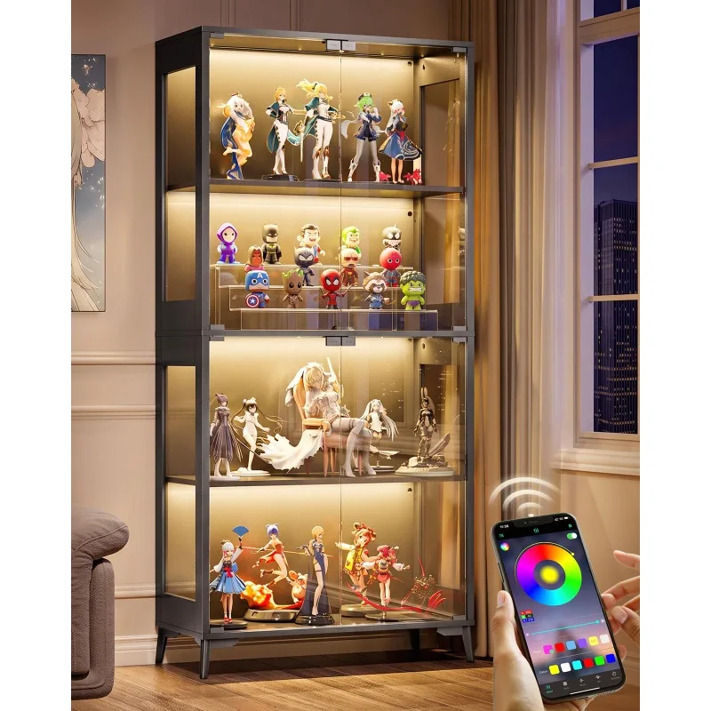 Display Cabinet with Glass Doors, 4-Tier Curio Cabinet with Adjustable Shelves, Glass Display Case for Collectibles