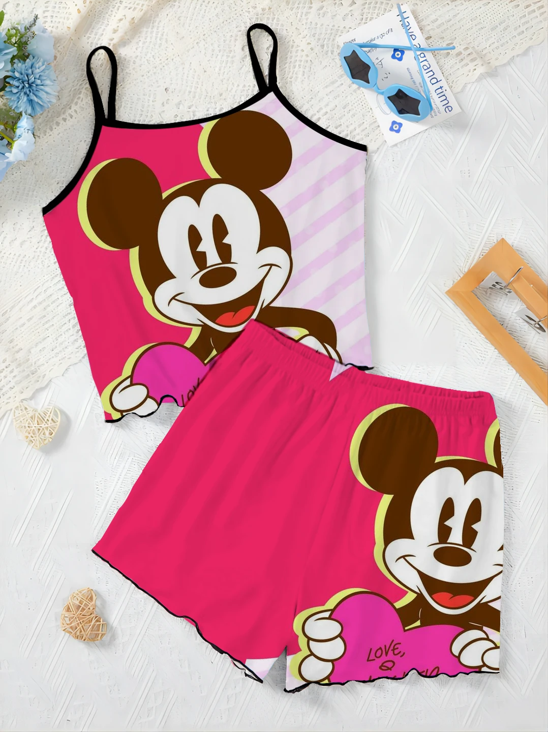 Top Disney Minnie Mouse Short Sets for Women 2 Pieces Lettuce Trim T-shirt Mickey Slip Dress Women\'s Suit Pajama Skirt Elegant