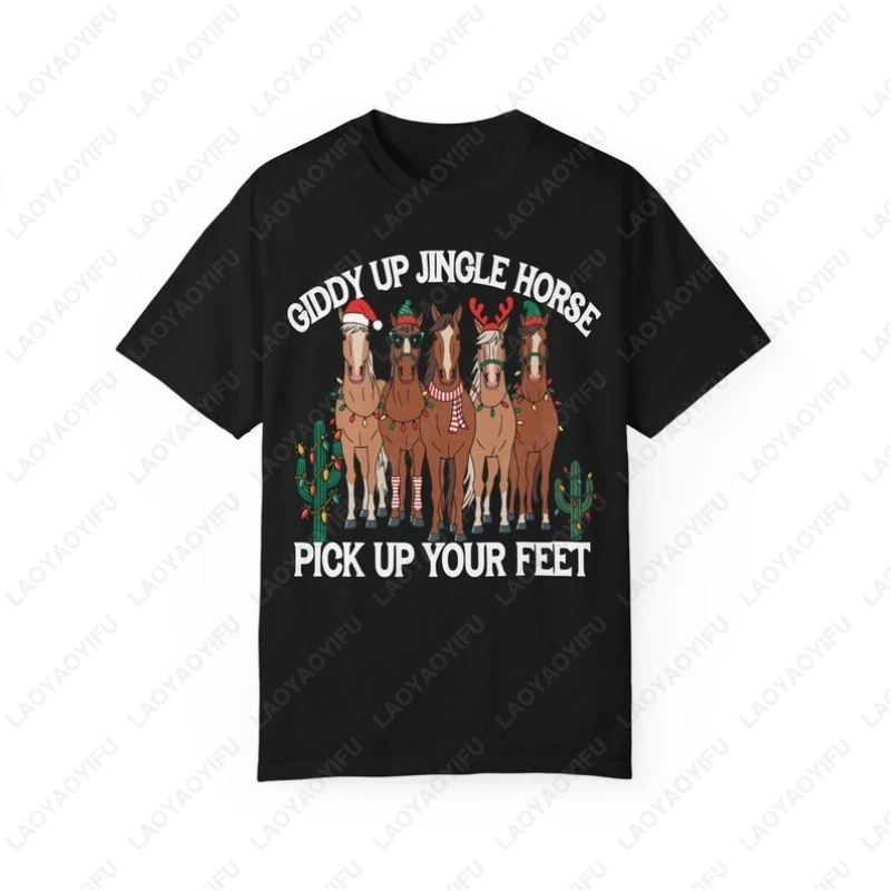 Giddy Up Jingle Horse Western Christmas Clothing Funny Horses in Santa Hats Tee Men Women Cotton Creative Hipster Popular Tshirt