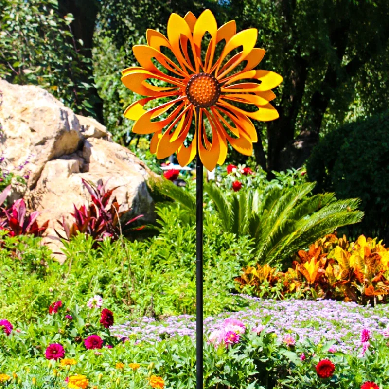 Outdoor Sunflower Rotating Windmill Garden Lawn Double Sided Windmill Yard Metal Crafts Ornament Iron Pinwheel Decoration