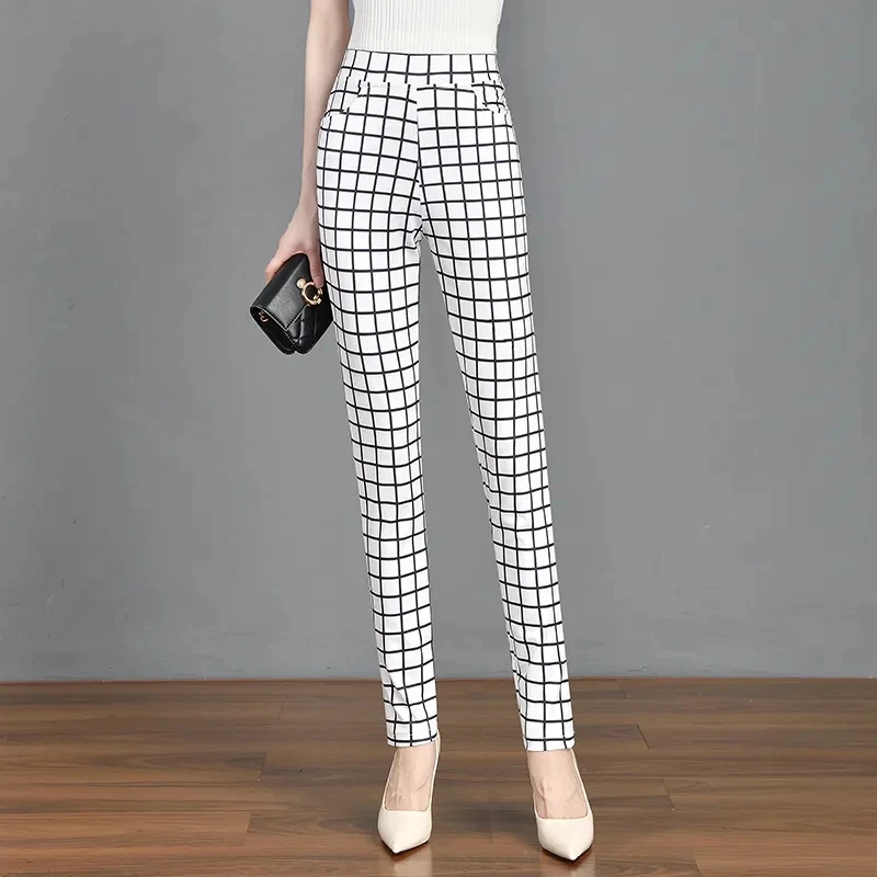 Black And White Checkered Printed Pants Women Stretch Versatile Straight Simple Trousers 2024 Spring Autumn NewWomen\'s Pants