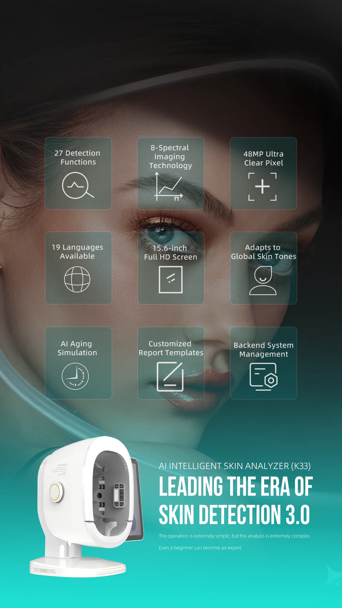 

Профессиональный анализатор кожи OEM AI 3D с технологией 8-спектральной визуализации и разрешением 48 МП UltraClear Pixel