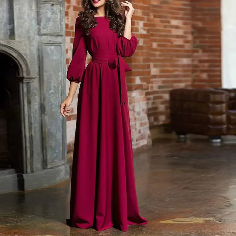 woman 2023 New Round Neck Long Dress Bohemian Retro Lantern Sleeve Casual Dress One-piece Dress