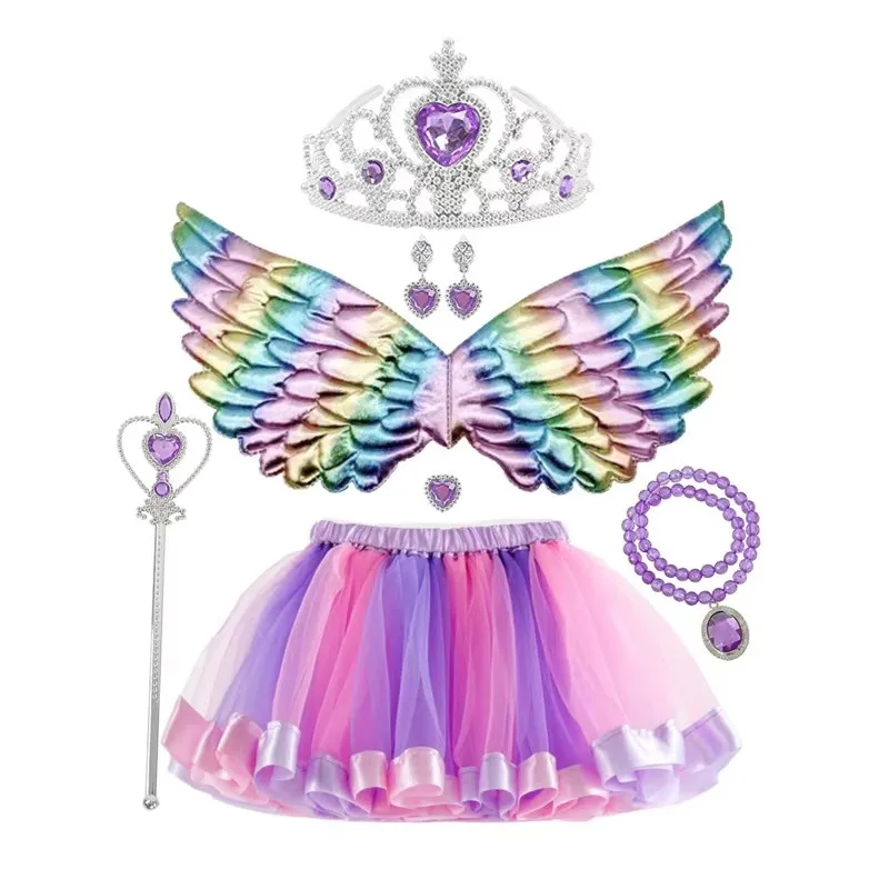 Seven Piece Girl Half Skirt+Accessories+Wings Rainbow Skirt Set Sweet And Cute Children's Half skirt Performance Suit